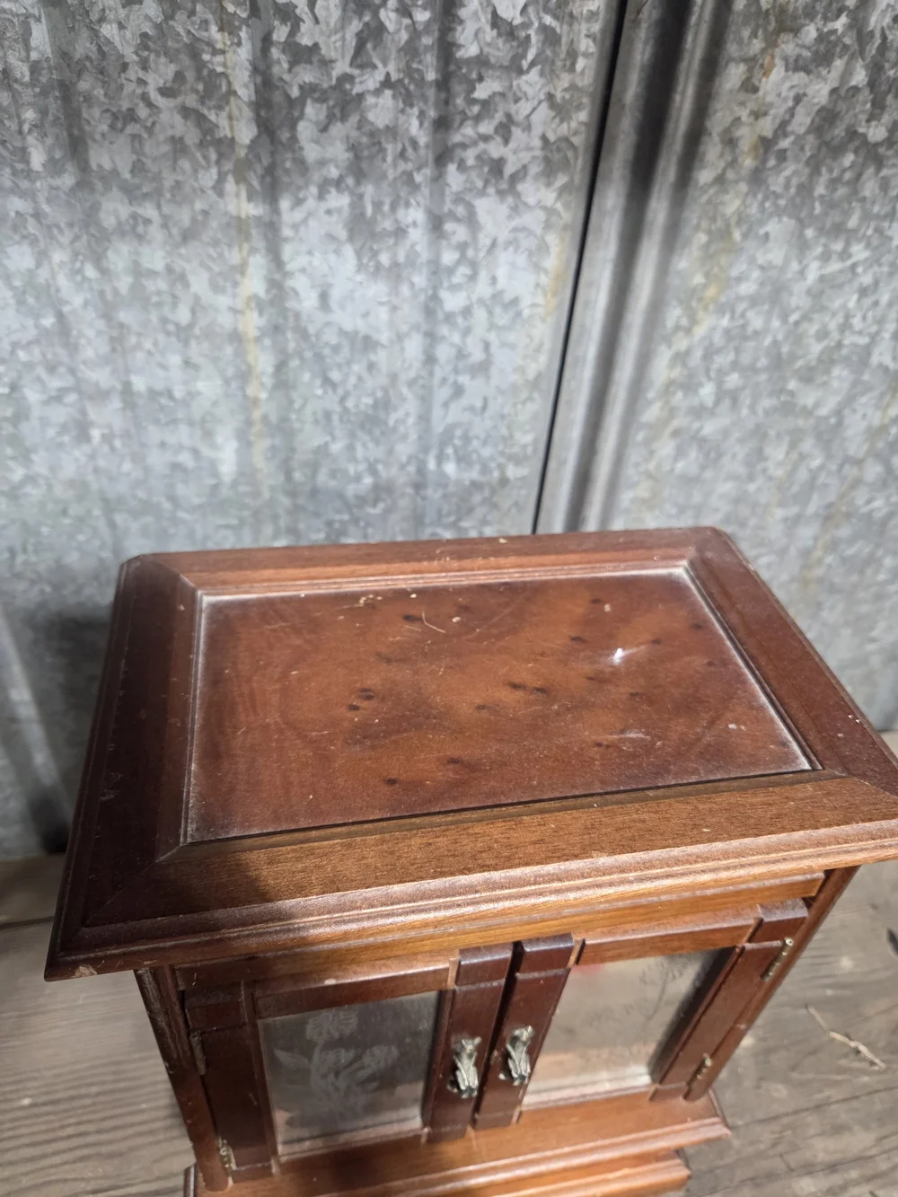 Wooden Jewelry Cabinet with Etched Glass Doors - Brown